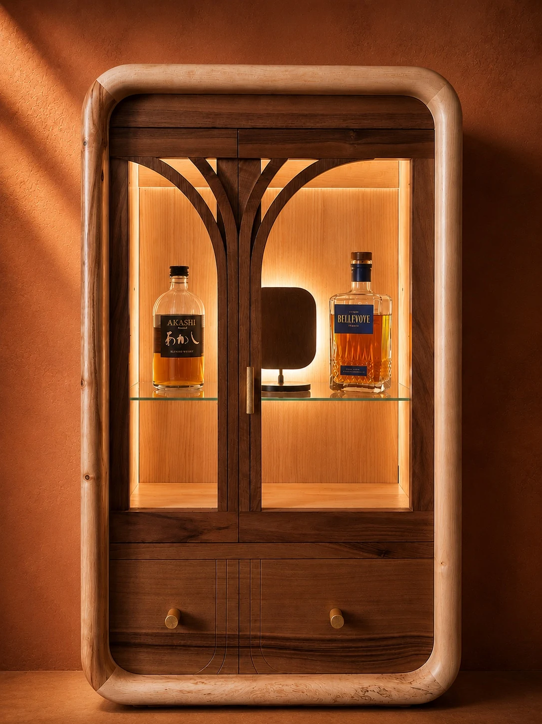 Vitrine éclairée aux formes très arrondies en bois clair et noyer