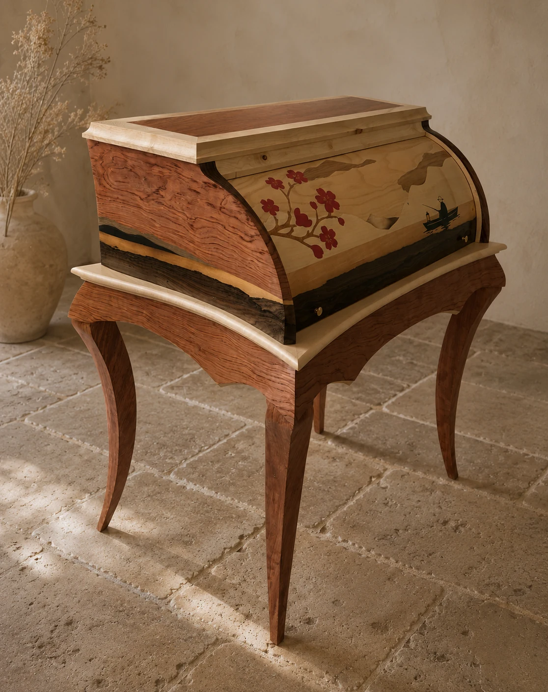 Marquetry roll-top desk staged on an old Burgundy stone floor
